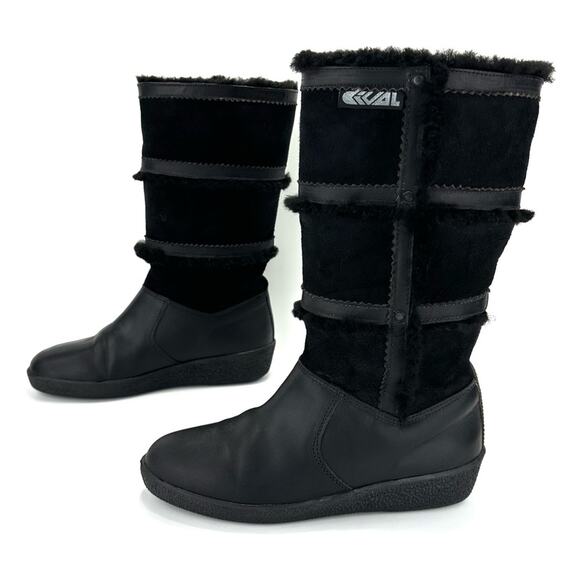 Dival Italy Elisa Black Winter Boot Sz 8 Leather Wool Lining Low Wedge Mid-Calf - Picture 1 of 15